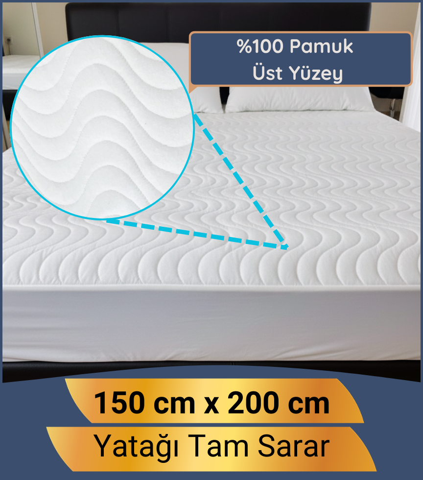 Yumuşak & Dolgun Premium Yatak Alezi – %100 Pamuk Yüzeyli, Sessiz ve Sıvı Geçirmez 150x200