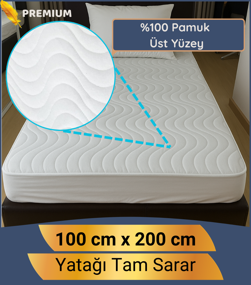 Yumuşak & Dolgun Premium Yatak Alezi – %100 Pamuk Yüzeyli, Sessiz ve Sıvı Geçirmez 100x200