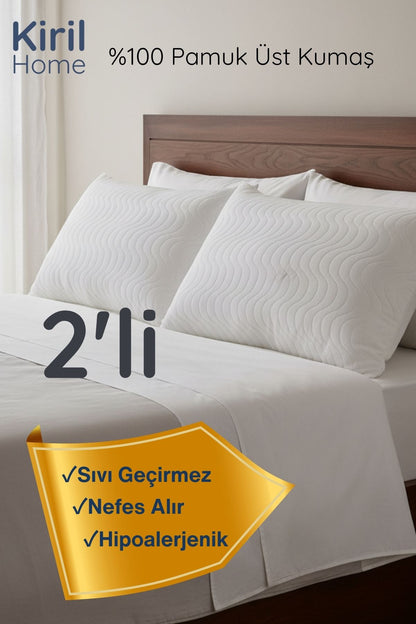 Premium 2'li %100 Pamuk Üst Yüzey, Sessiz Sıvı Geçirmez Yastık Koruyucu Alez
