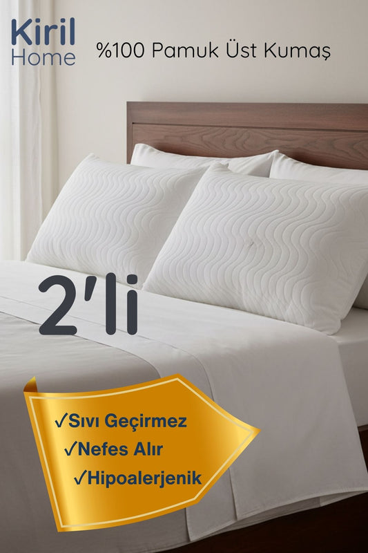 Premium 2'li %100 Pamuk Üst Yüzey, Sessiz Sıvı Geçirmez Yastık Koruyucu Alez