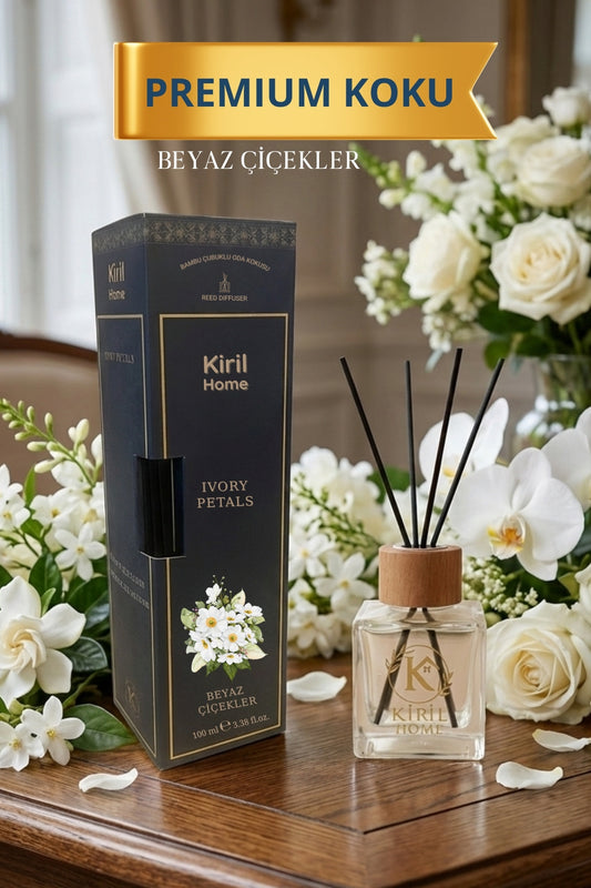 Beyaz Çiçekler Ahşap Kapaklı Bambu Çubuklu Premium Oda Kokusu 100 ml
