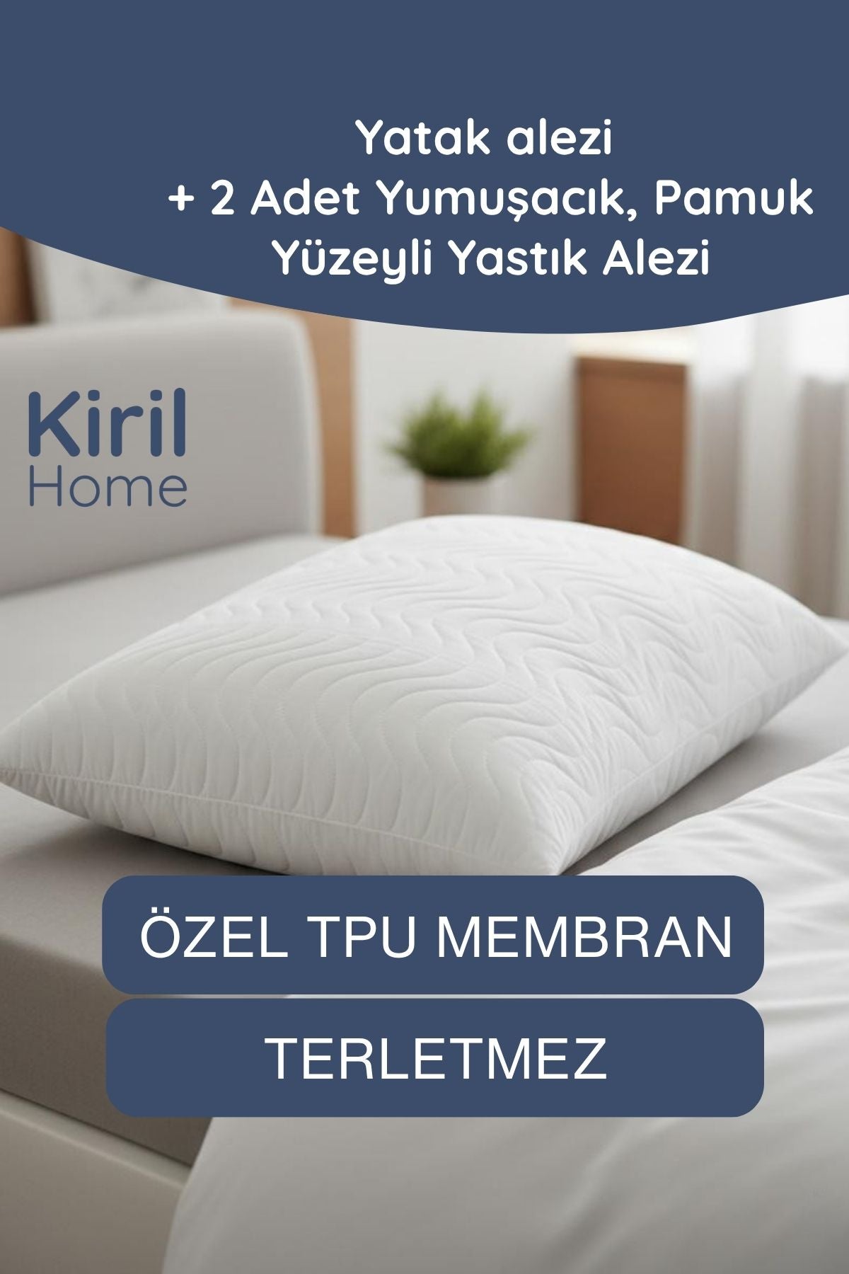 %100 Pamuk Yüzeyli Premium Alez Seti, Sıvı Geçirmez Yatak Alezi - 2 Adet Premium Yastık Koruyucu Alez
