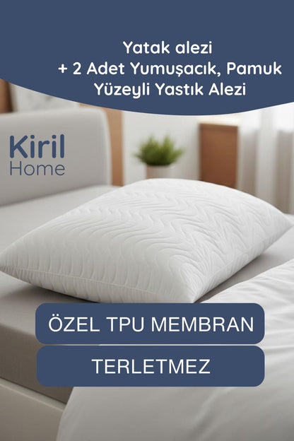 %100 Pamuk Yüzeyli Premium Alez Seti, Sıvı Geçirmez Yatak Alezi - 2 Adet Premium Yastık Koruyucu Alez
