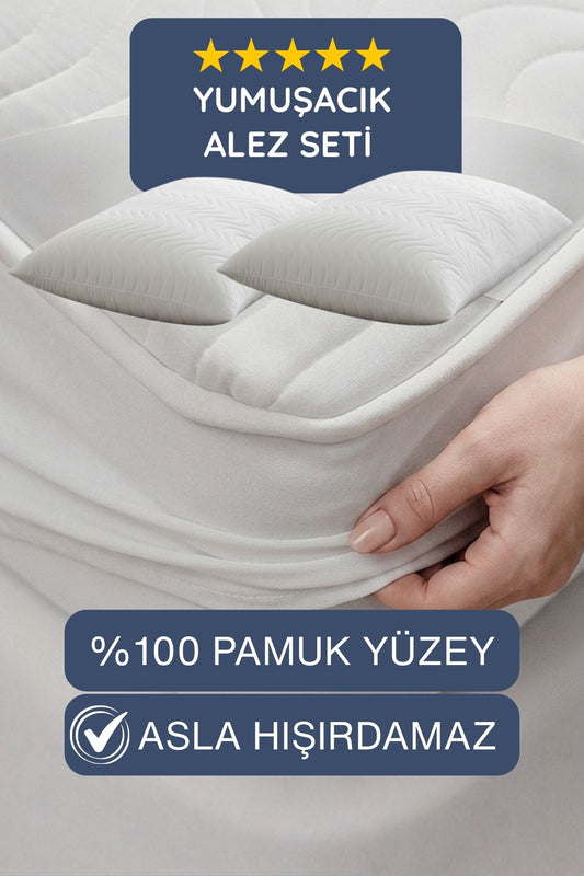 %100 Pamuk Yüzeyli Premium Alez Seti, Sıvı Geçirmez Yatak Alezi - 2 Adet Premium Yastık Koruyucu Alez