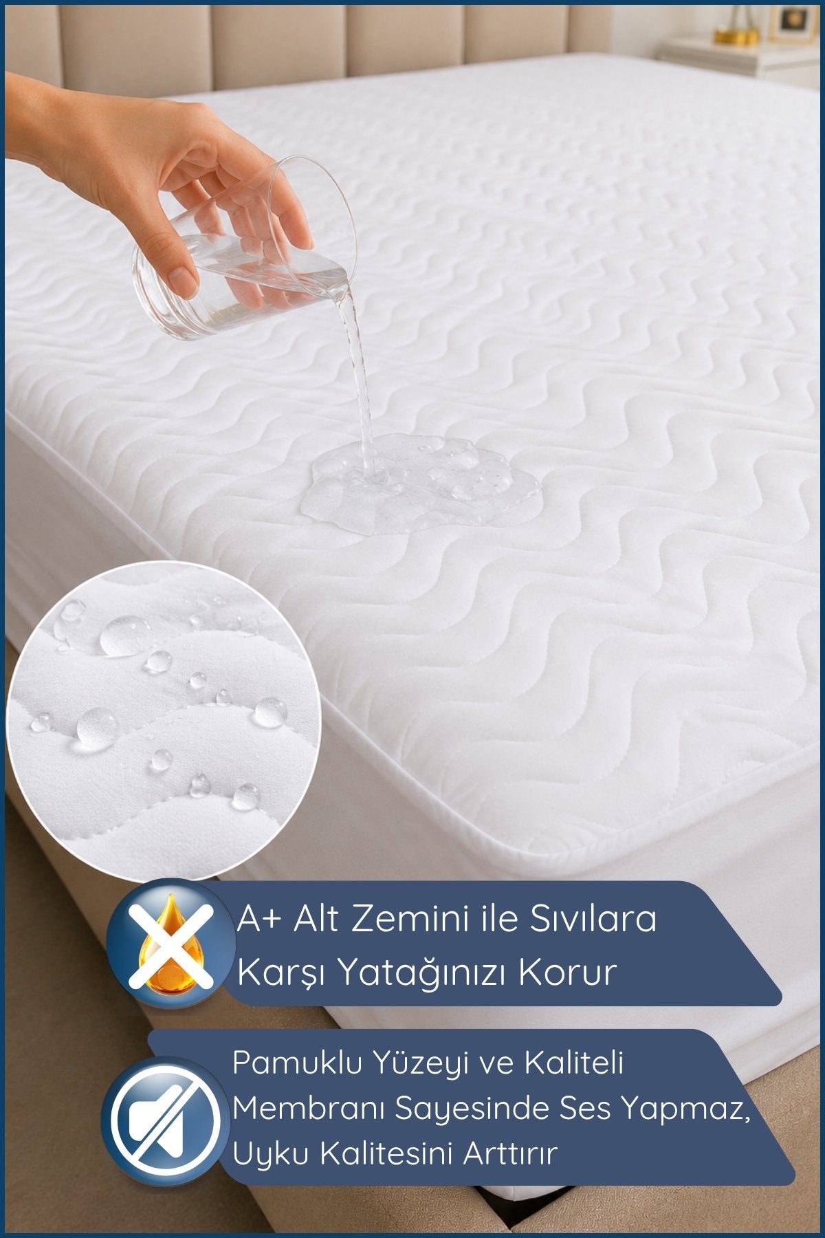 Premium Dolgun Sıvı Geçirmez Yatak Alezi | %100 Pamuklu Yüzey | Ultra Sessiz | Full Kenar | Yumuşak